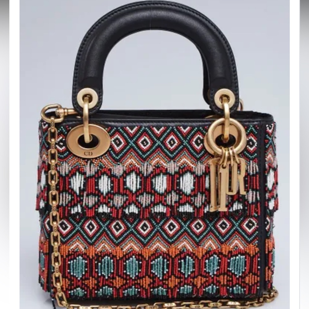 CHRISTIAN DIOR Leather Beaded Fringe Mini Lady Dior Bag